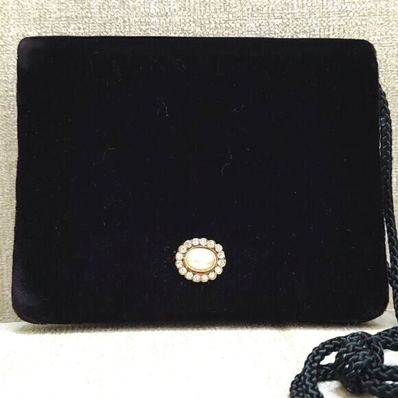 Black Velvet Square Evening Bag Oval Jeweled Magnetic Snap Closure - Picture 10 of 10